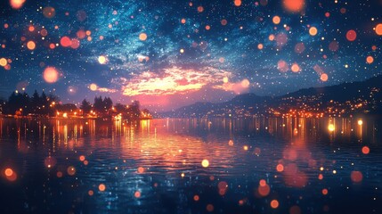 Naklejka premium Romantic night under fireworks with reflections on water