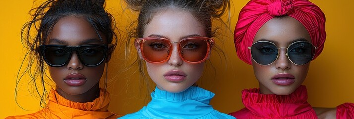 Obraz premium Three stylish women, vibrant sunglasses, bold colors.