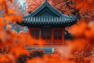 Red autumn leaves frame serene Asian temple