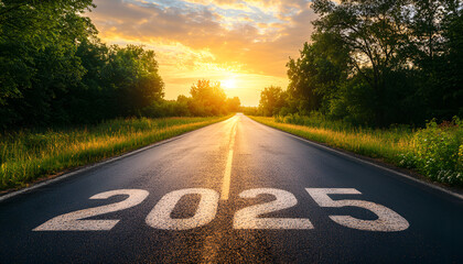 The end of an empty road path and the start of a new year in 2025. New goals for 2025 and leaving behind 2024. Passing. New goals for 2025 and leaving