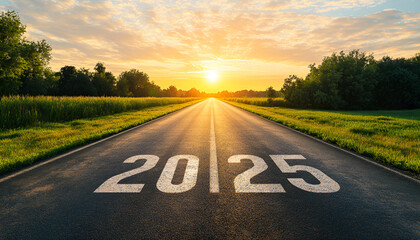 The end of an empty road path and the start of a new year in 2025. New goals for 2025 and leaving behind 2024. Passing. New goals for 2025 and leaving
