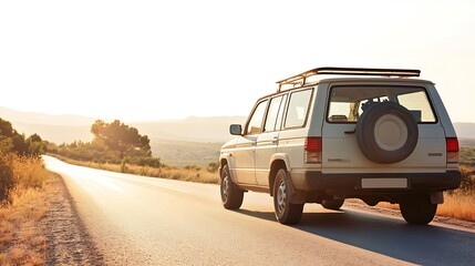 Sunset Road Trip: SUV Drives Rural Highway.