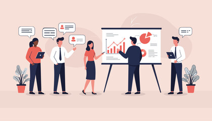 Business Teamwork and Data Analysis Illustration Office Meeting, Analytics, Growth Strategy.