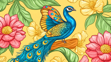 Peacock perched on branch amidst vibrant tropical flowers; nature design for textiles, wallpaper, or website