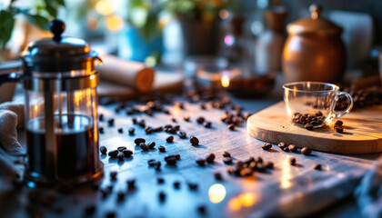 Freshly brewed coffee and beans are scattered on the table