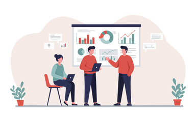 Business Teamwork and Data Analysis Illustration Office Meeting, Analytics, Growth Strategy.