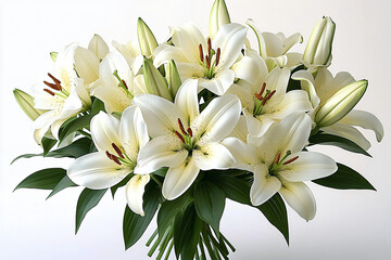 Fototapeta premium Elegant bouquet of white lilies perfect for Easter, weddings, or spring events. Ideal for floral design and invitations with a backdrop of purity and freshness.