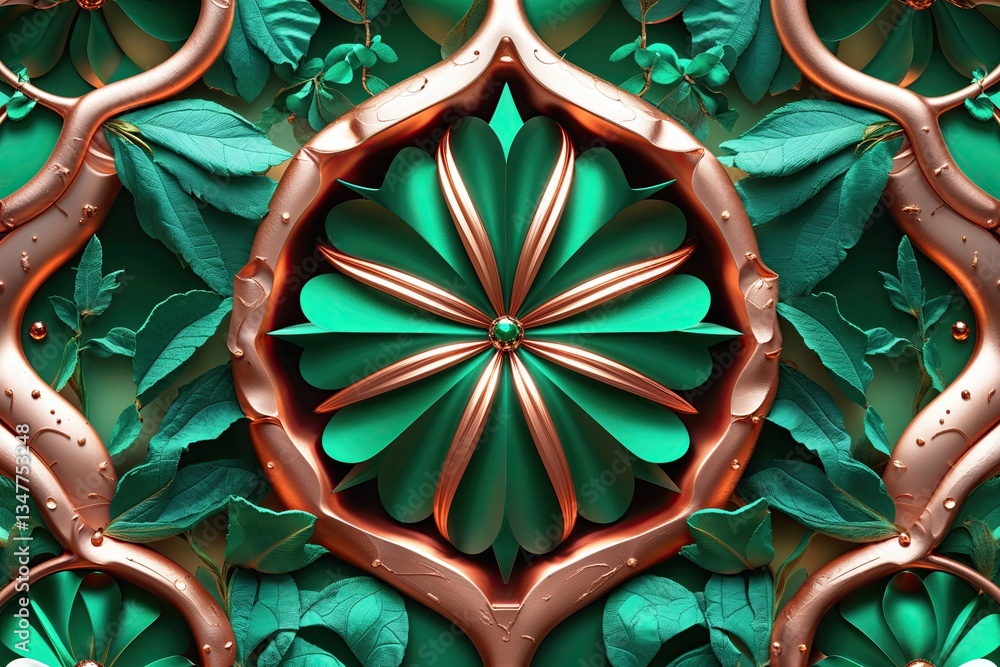 Poster emerald green and copper eco-friendly design abstract motif with radiant texture and continuous patt