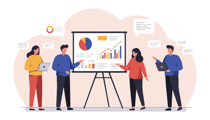 Business Teamwork and Data Analysis Illustration Office Meeting, Analytics, Growth Strategy.