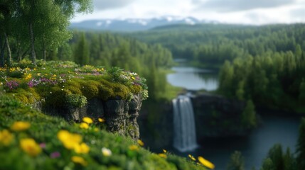 Fototapeta premium Lush forest cliff overlooking a tranquil waterfall and lake. A vibrant display of wildflowers and moss