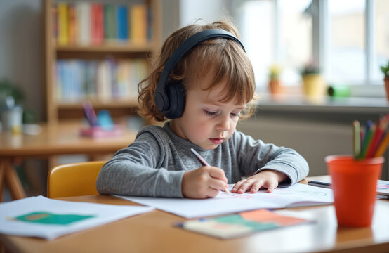 Preschool boy wearing headphones coloring alone in class. Child focused drawing at desk with pencil. Autistic student, education, special needs. Noise cancelling technology in school. - Powered by Adobe