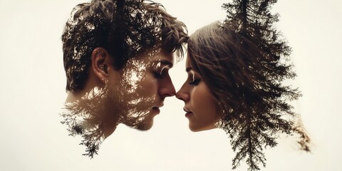 A young interracial couple shares an intimate moment, their faces merging with a serene forest backdrop.