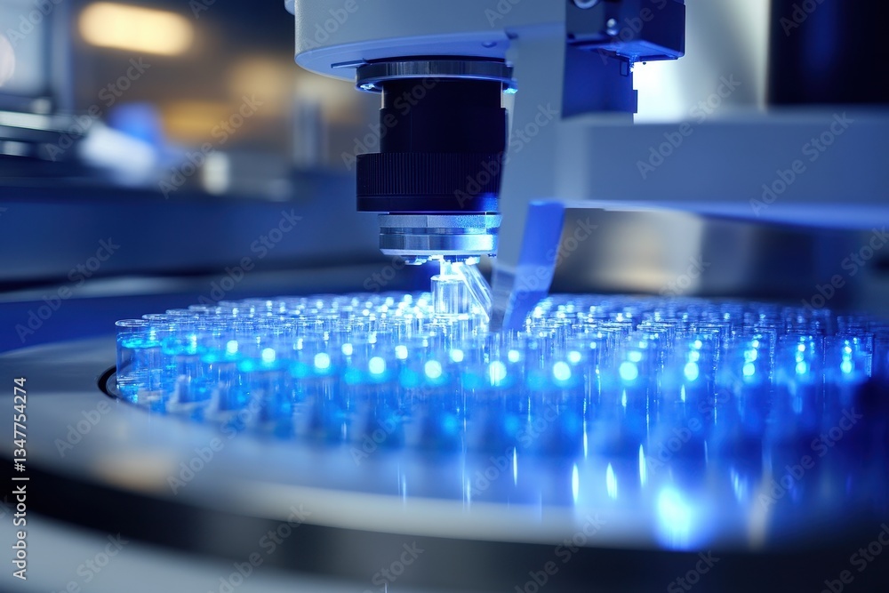 Poster automated machine analyzes blue liquid samples in small tubes on a rotating platform. use for resear