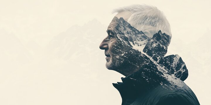 Profile of a senior man with a mountain landscape overlay, evoking a sense of adventure and introspection. Double exposure shot.