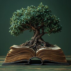 An old open book serves as the foundation for an oak tree to grow, symbolizing the tree of knowledge concept, found in stock content