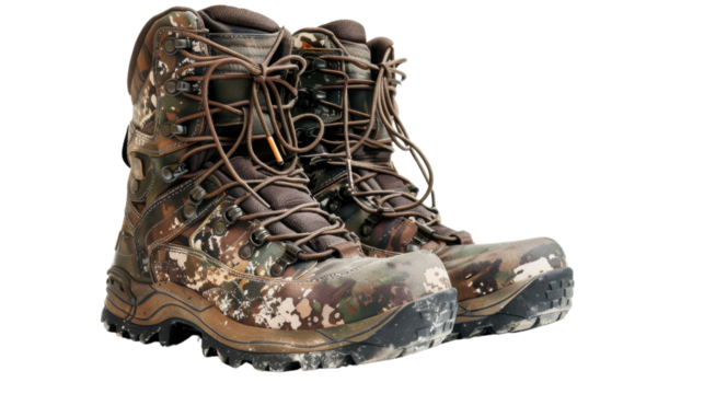 Camouflage hunting boots isolated on transparent background
