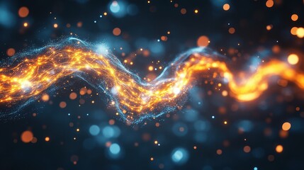 Fototapeta premium Abstract glowing gold and blue particle wave flows dynamically. Illustrates data, technology, or magical energy for innovative ideas.