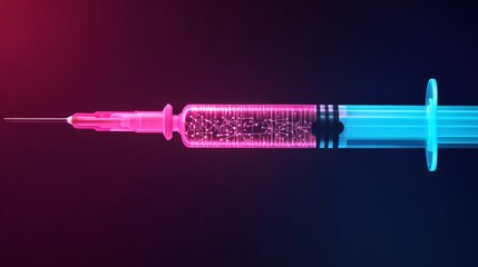 Abstract neon syringe injecting liquid light into a glowing cat, artistic symbolism