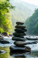 Zen stones were piled in the water of a river that ran through a woodland, surrounded by a misty morning atmosphere