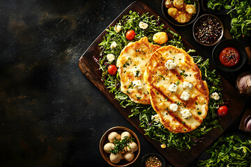 Grilled halloumi with salad, dark background. Food photography for recipe sites