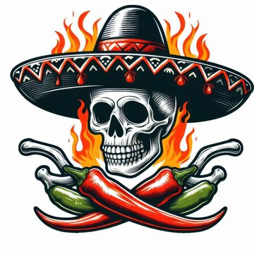Skull wearing a sombrero, with crossed chili peppers and flames. White background. Space for text.