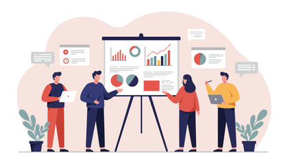 Business Teamwork and Data Analysis Illustration Office Meeting, Analytics, Growth Strategy.