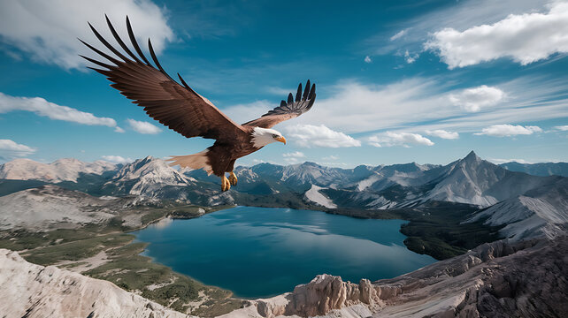 Eagle soaring above a mountain lake, majestic freedom.
 - Powered by Adobe