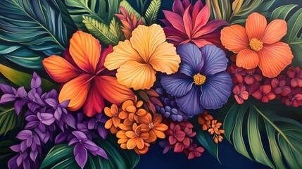 Fototapeta premium Arreglo floral vibrante con hibiscos y hojas tropicales