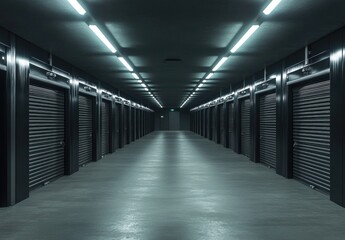 Long corridor of dark gray storage units with bright fluorescent lights.