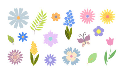 Flowers, leaves, butterfly set, hand drawn flat style vector illustration, symbol of spring, cozy home, spring Easter holidays celebration decor, clipart for cards, banner, springtime decoration