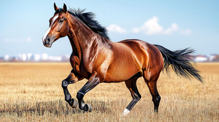 Galloping Horse in a Golden Field: Majestic Equine Running Free