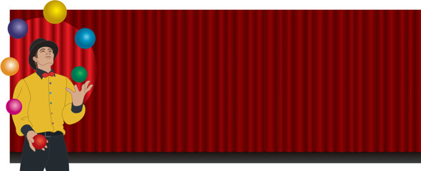 male juggler and entertainer in the spotlight juggling colorful balls on stage with red curtains in the background, suitable for website banner or header