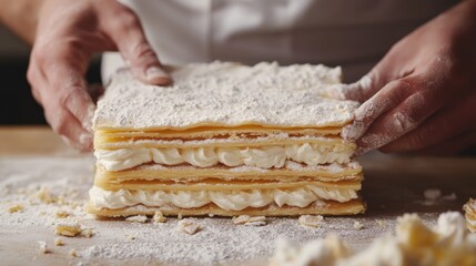 Artisan pastry chef creating a delicate layered dessert masterpiece with powdered sugar