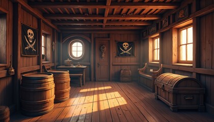 Pirate cabin inside old ship with wooden walls, barrels, treasure chest, pirate flags. Nautical adventure interior, rustic, aged, naval theme. Explore maritime history and seafaring life.