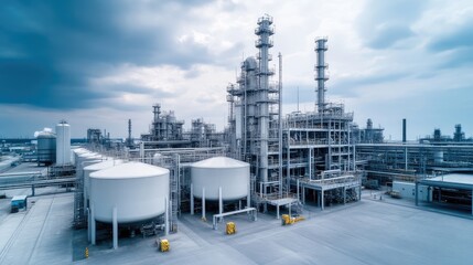 Obraz premium Industrial complex, large-scale manufacturing facility, with numerous tanks, pipes, and structures. Exterior view of a modern refinery or chemical plant under cloudy skies