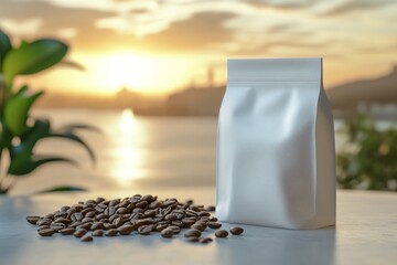 Coffee beans and a white bag displayed at sunset