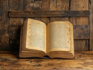 Obraz premium Ancient book open, aged pages, wooden background