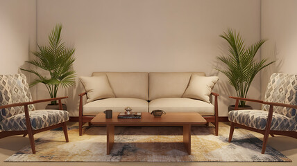 Fototapeta premium Cozy living room scene with a beige sofa and armchairs
