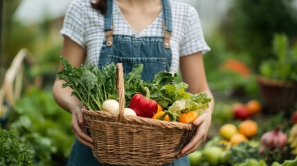 Fresh harvest bounty: A young woman holding a basket of organically grown vegetables