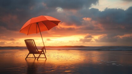 Beach chair, umbrella, sunset, ocean, calm