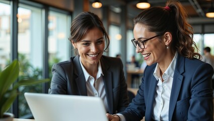 Two professional business women collaborating in a modern office setting, Showcase their focus and teamwork as they discuss ideas.