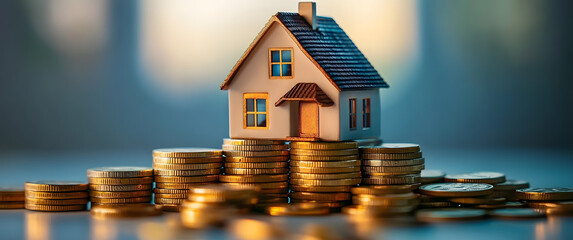 Home loan reverse mortgage, asset refinancing idea. Small house positioned on stacks of coins, symbolizes a homeowner or borrower converting properties into cash, saving money to secure shelter