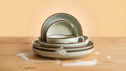 Stack of light teal dishes with soapy suds on a light wood surface