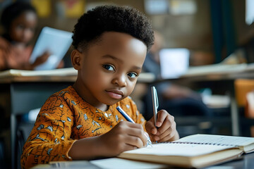 Black little child taking notes on notebook during lesson