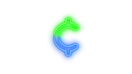 Neon cent sign symbol icon blue green color glowing with transparent background
