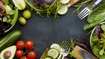 Fresh vibrant mixed greens and vegetables arranged on a dark surface