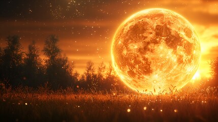 Orange moon over autumn field