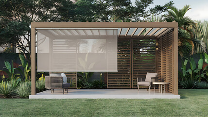 Outdoor pergola with retractable shade patio furniture and lush tropical landscaping