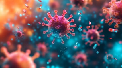 Microscopic View Of Viruses And Medication Capsules