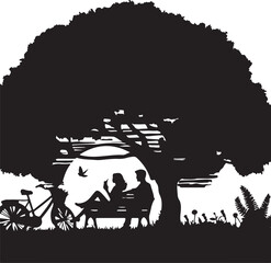 Obraz premium Silhouette vector of two people on a tree on white background